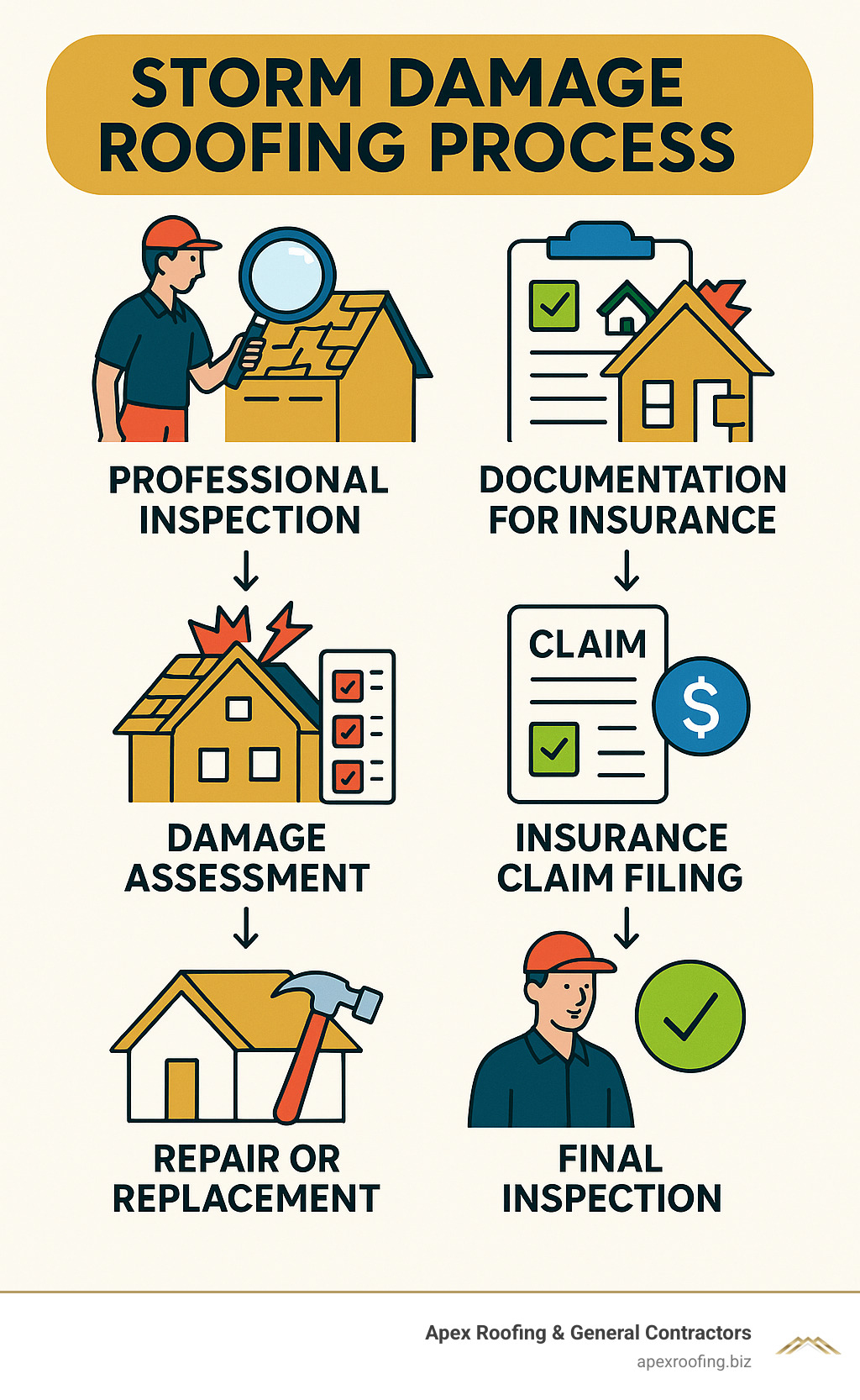 Infographic showing the storm damage roofing process: 1. Professional inspection, 2. Documentation for insurance, 3. Damage assessment, 4. Insurance claim filing, 5. Repair or replacement, 6. Final inspection - storm damage roofing company infographic 