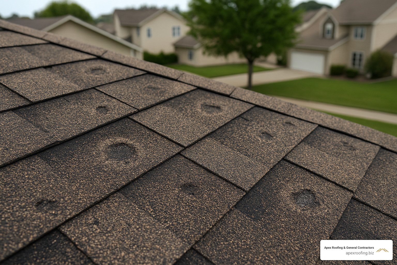 Hail damage on asphalt shingles showing dents and granule loss - storm damage roofing company