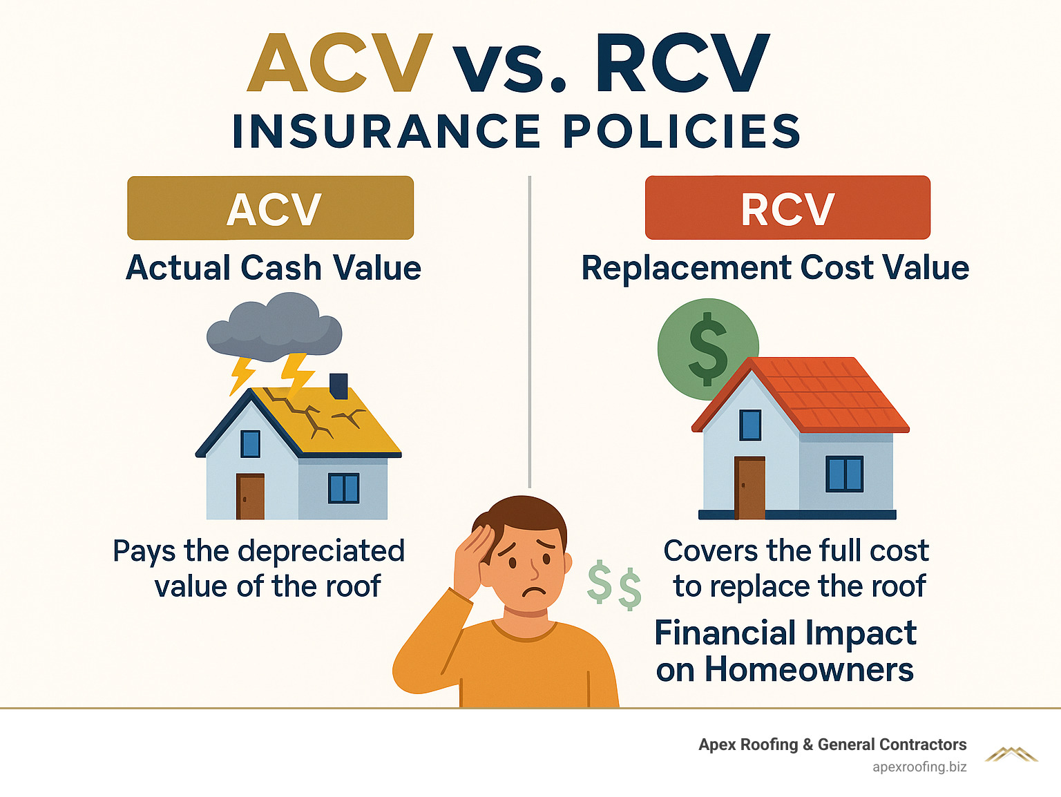 Infographic comparing ACV vs RCV insurance policies and their financial impact on homeowners - storm damage roofing company infographic 