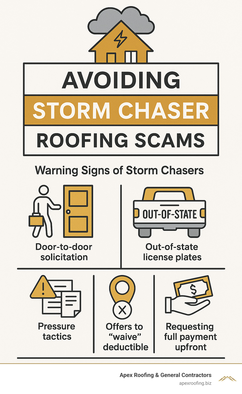 Infographic showing key warning signs of storm chaser roofing scams and how to avoid them - storm damage roofing company infographic 