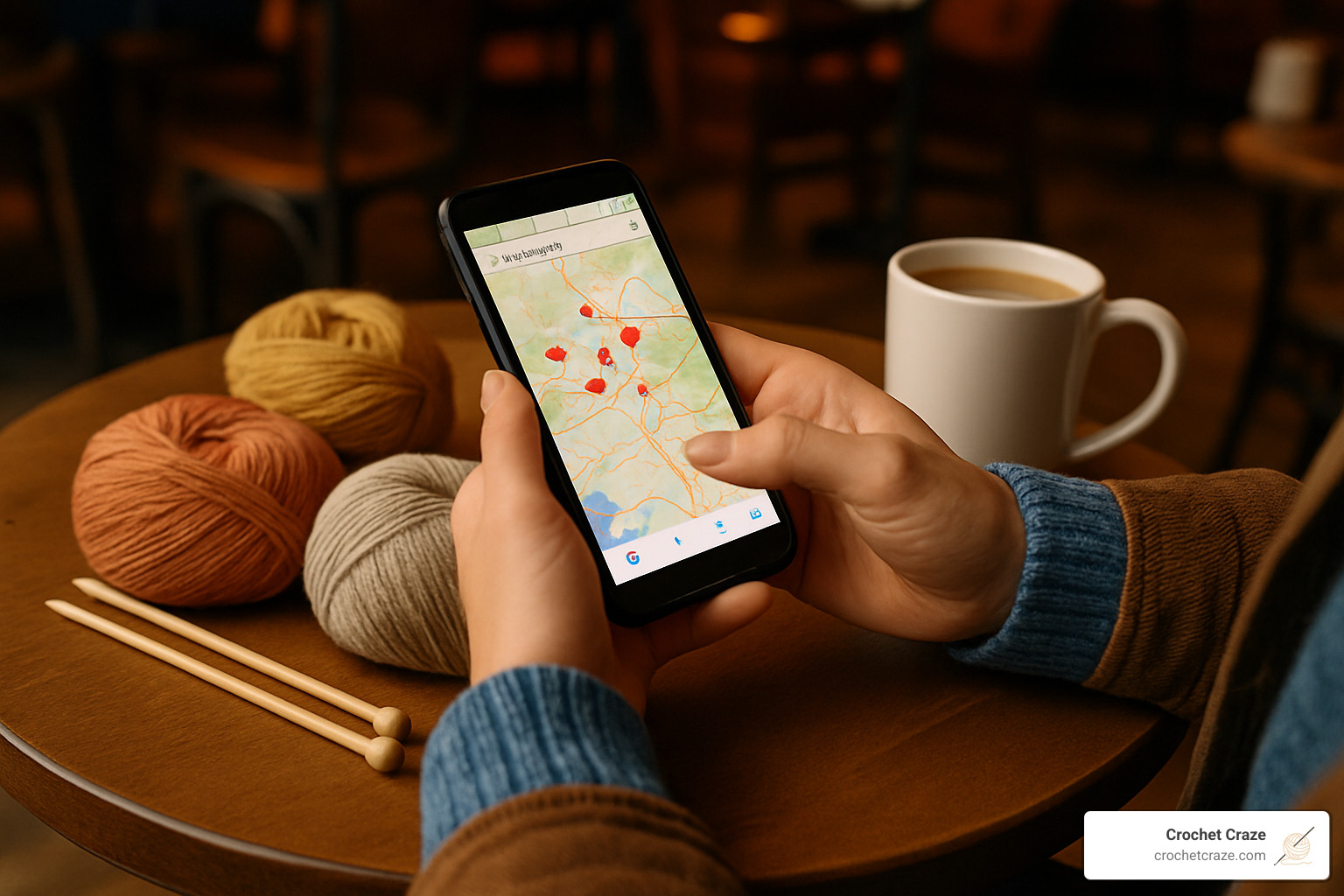 person using smartphone to search for yarn store near me - Yarn Store Near Me
