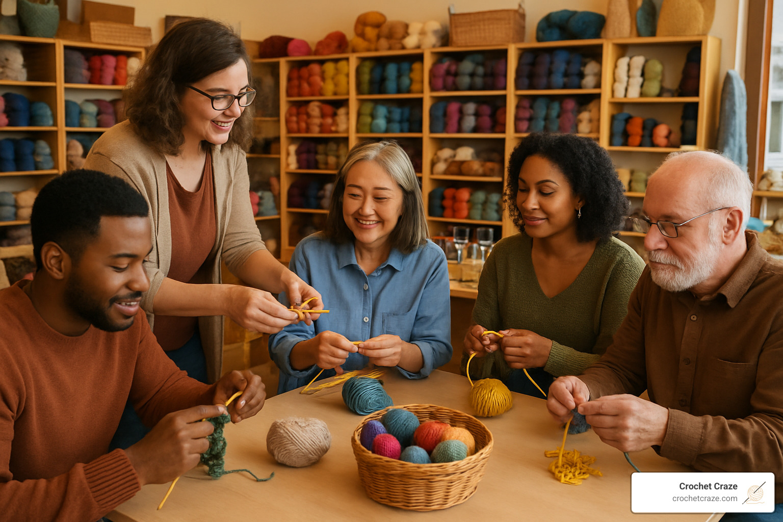 yarn store class in progress with students learning to knit - Yarn Store Near Me