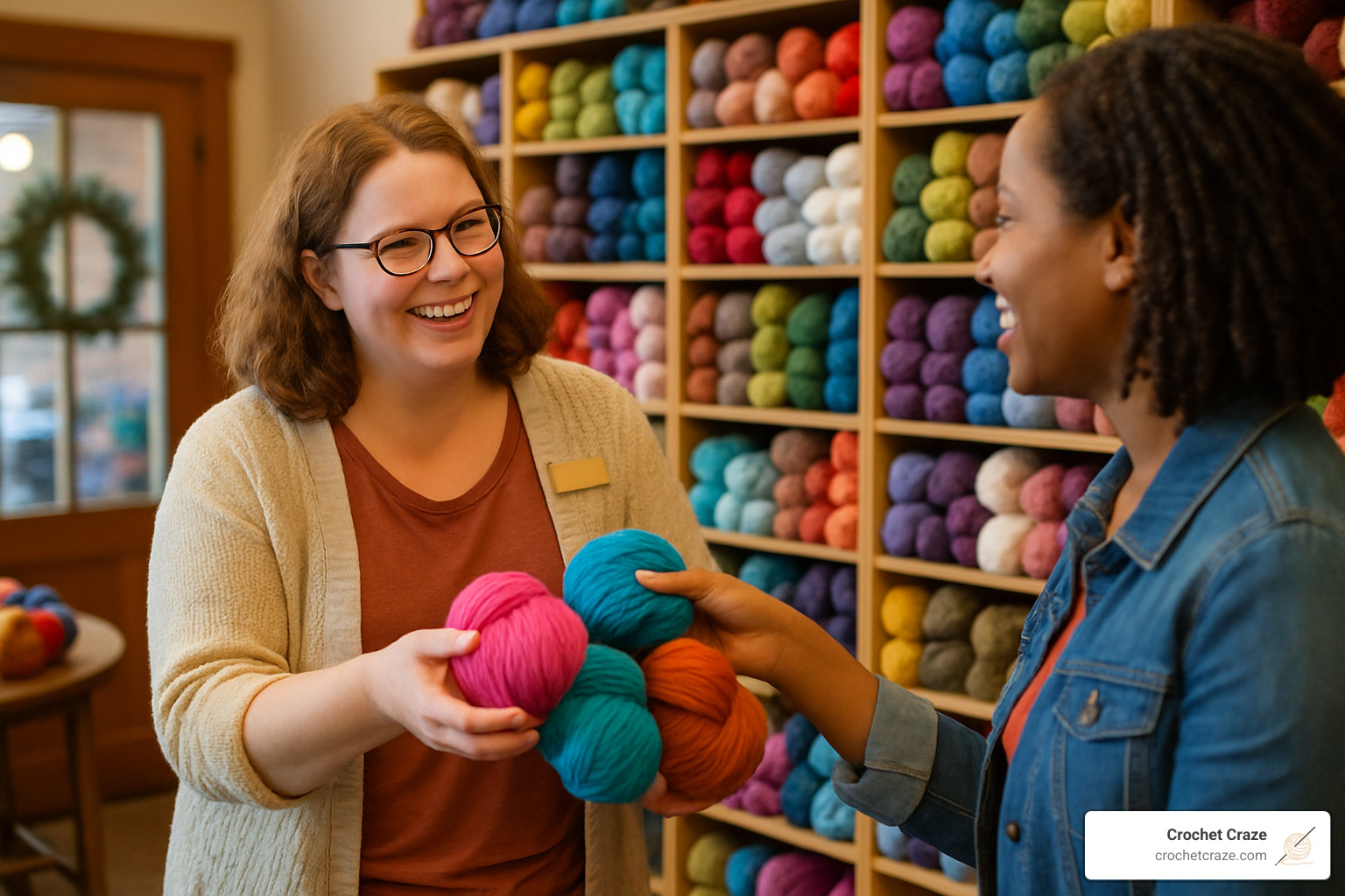 customer receiving help from yarn store staff - Yarn Store Near Me