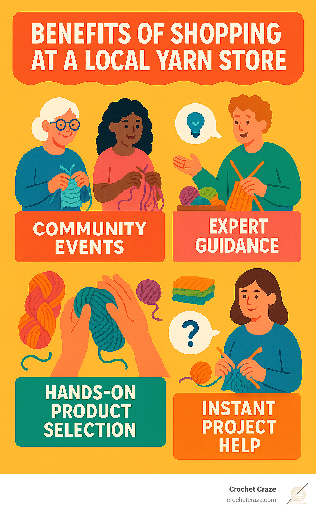 Benefits of shopping at a local yarn store showing community events, expert guidance, hands-on product selection, and instant project help - Yarn Store Near Me infographic