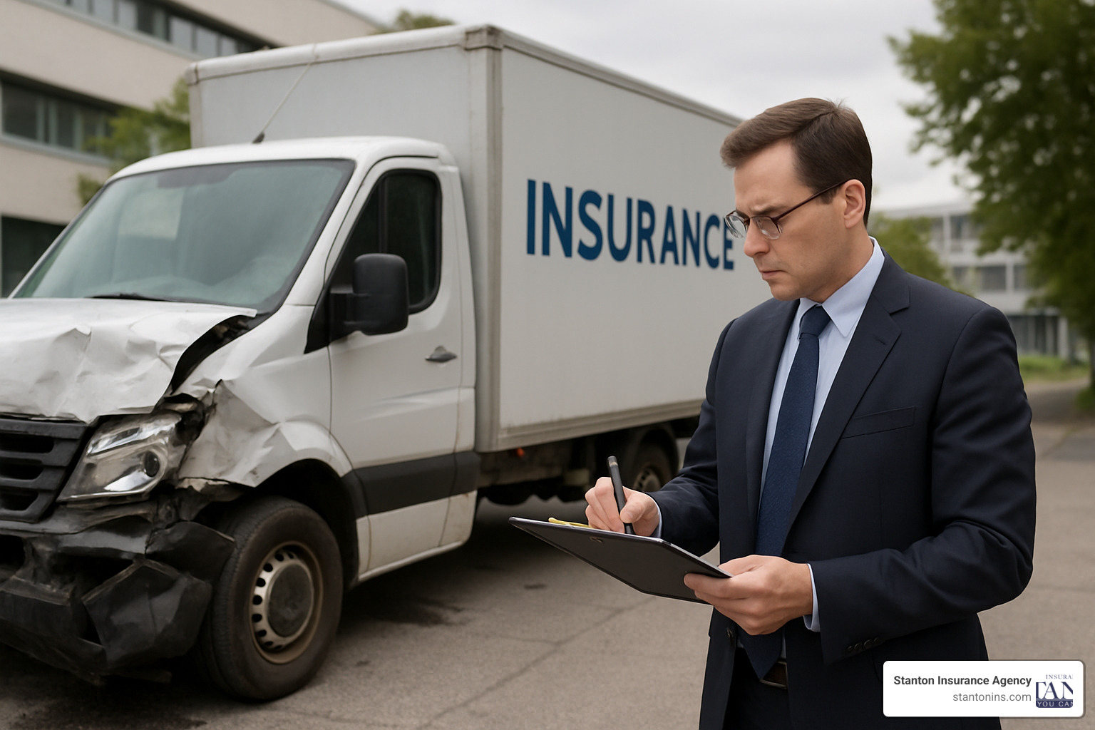claims adjuster inspecting damaged commercial vehicle - commercial vehicle insurance