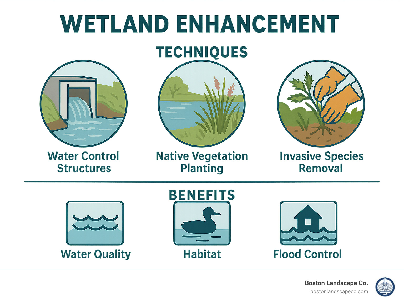 Diagram showing wetland improvement techniques including water control structures, native vegetation planting, and invasive species removal with benefits to water quality, habitat, and flood control - Wetland Improvement infographic