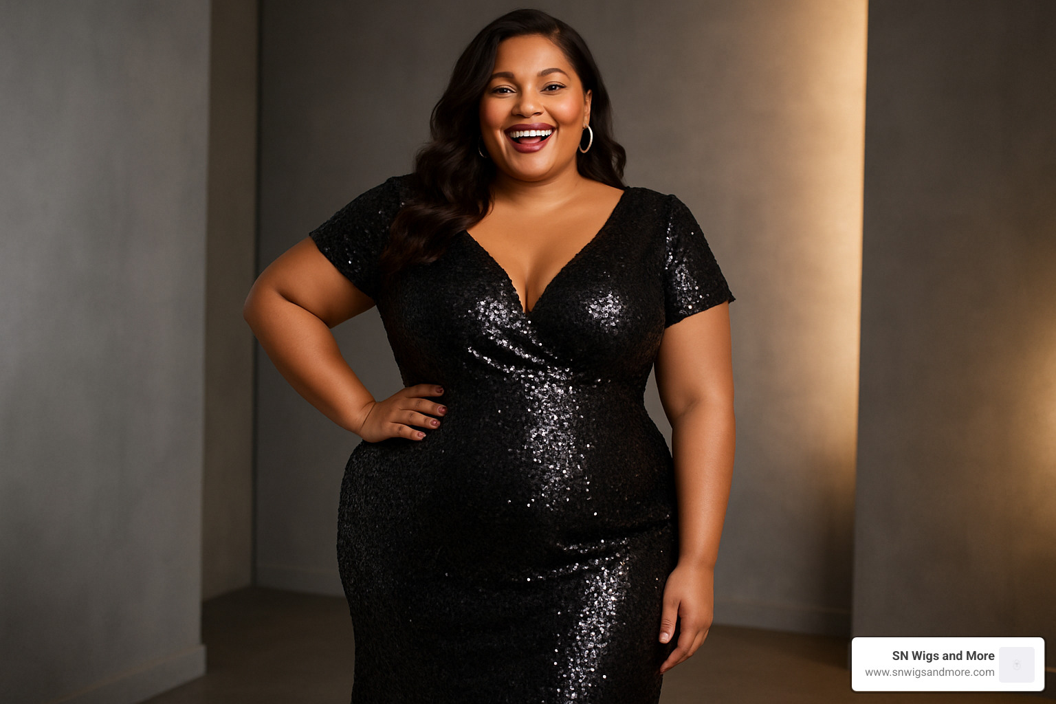 plus size model in sequin evening dress - sequin fashion items