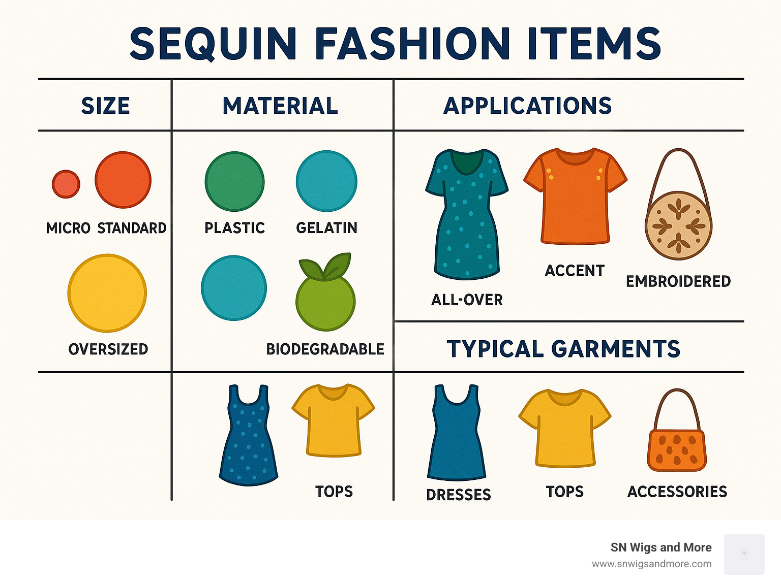 Detailed comparison of sequin types showing different sizes (micro, standard, oversized), materials (plastic, gelatin, biodegradable), applications (all-over, accent, embroidered), and typical garments featuring each type (dresses, tops, accessories) - sequin fashion items infographic 