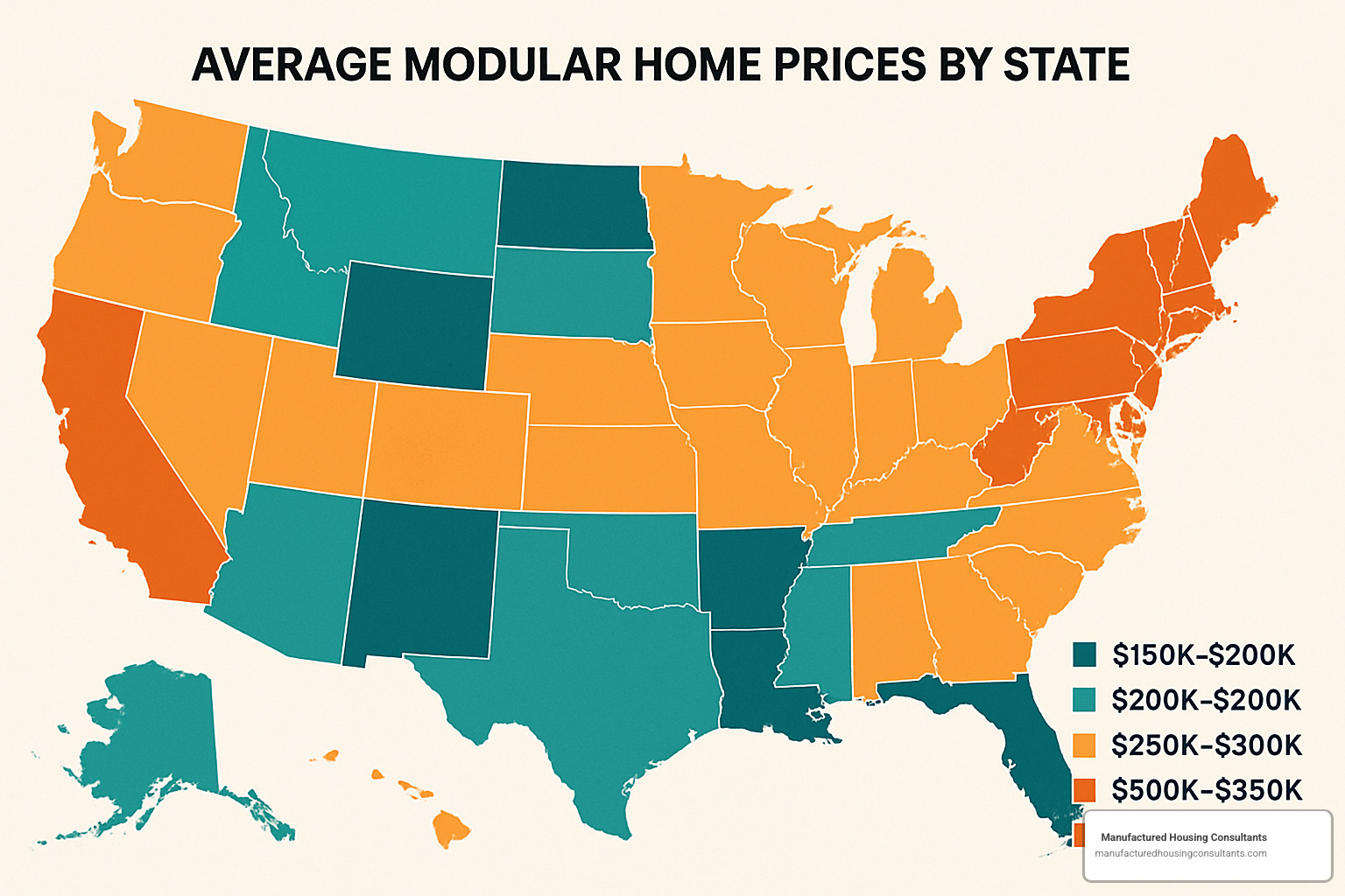 Regional modular home price comparison map showing average costs across different states - modular house prices
