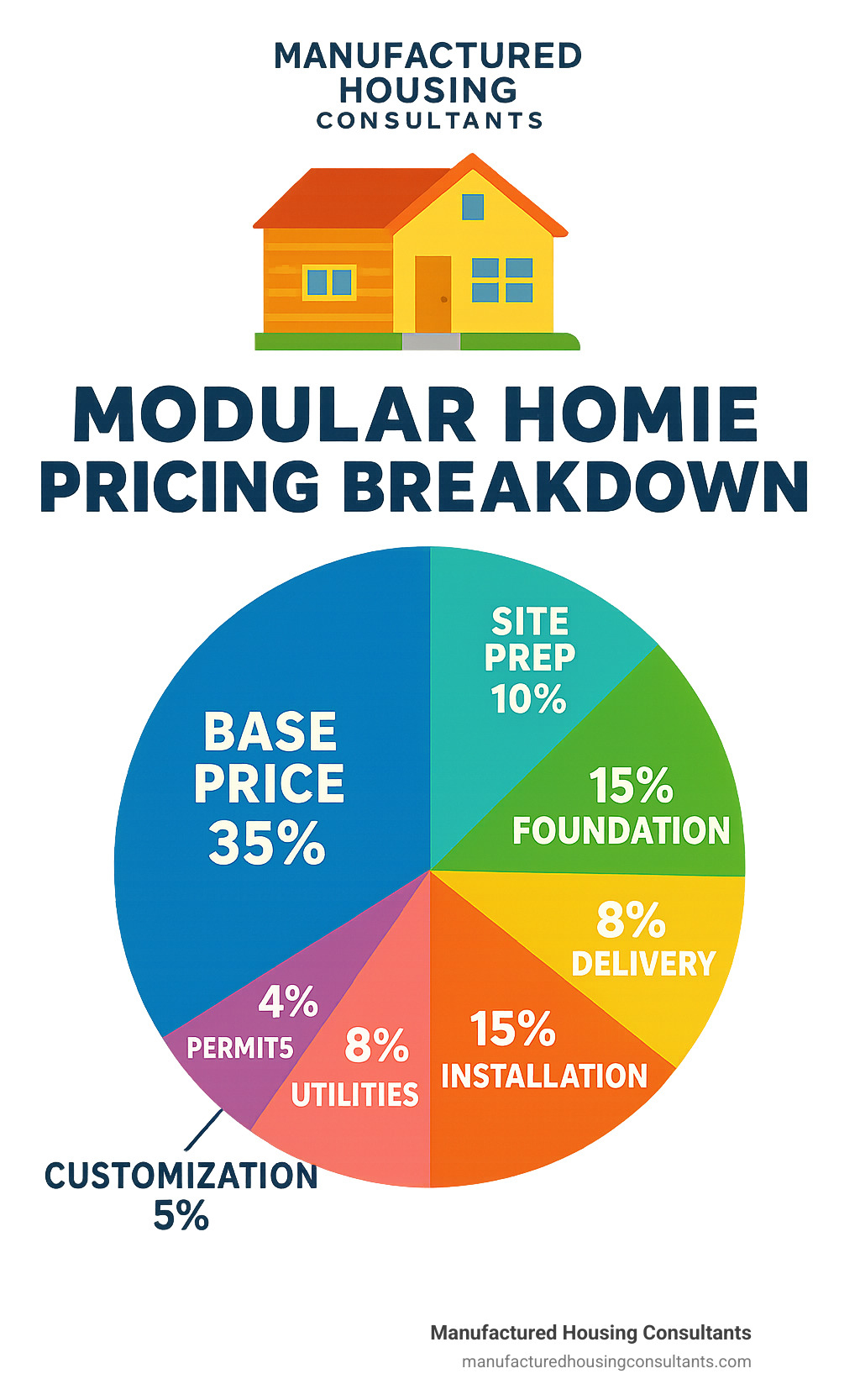 Modular home pricing breakdown showing base price, site prep, foundation, delivery, installation, utilities, permits and customization costs with their average percentages of total project cost - modular house prices infographic 