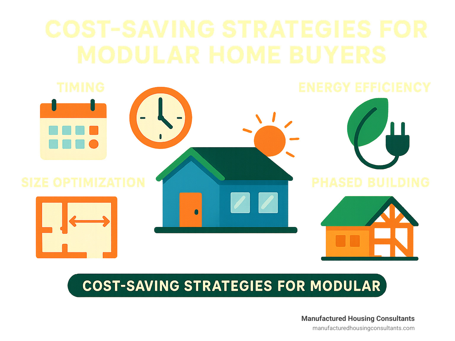 Cost-saving strategies for modular home buyers including timing, energy efficiency, size optimization, and phased building - modular house prices infographic 