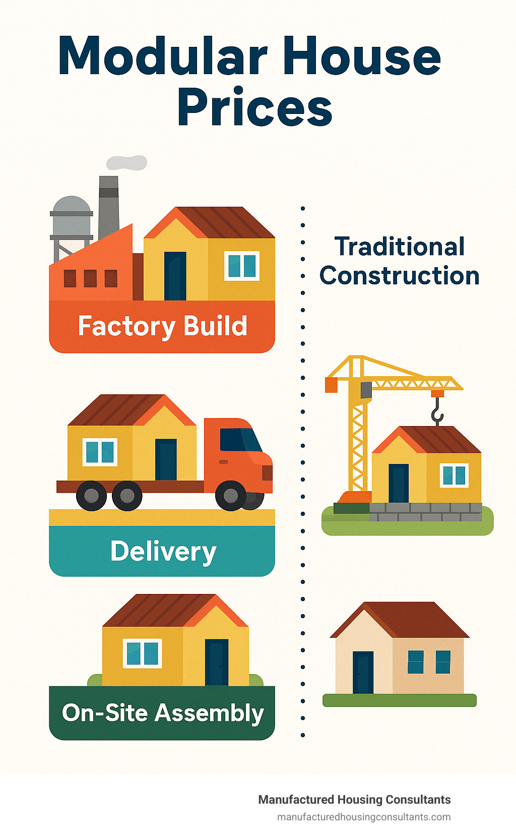 Modular home construction timeline showing factory build, delivery, and on-site assembly phases compared to traditional construction - modular house prices infographic 