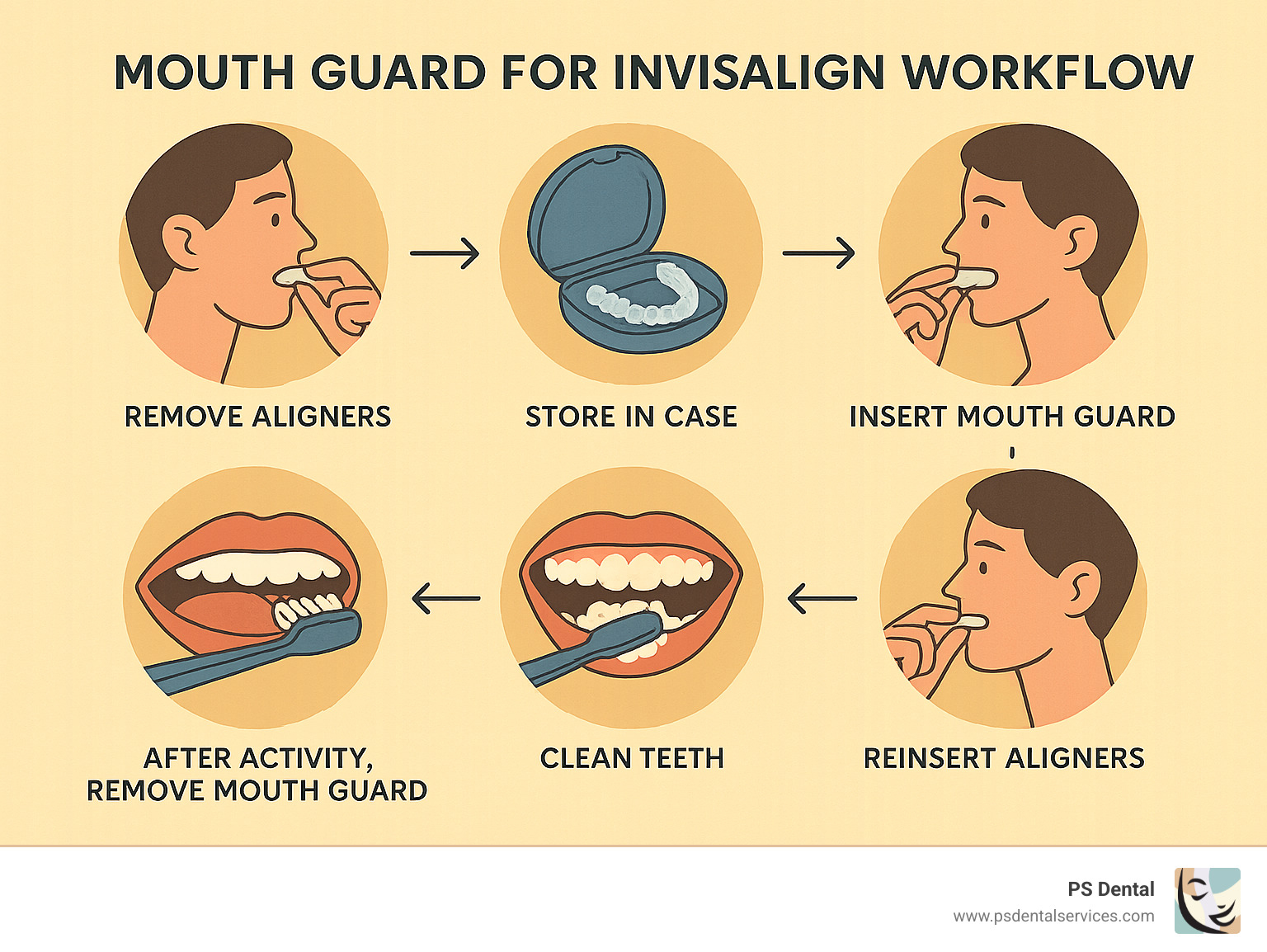 Mouth guard for Invisalign workflow showing: 1) Remove aligners 2) Store in case 3) Insert mouthguard 4) After activity, remove mouthguard 5) Clean teeth 6) Reinsert aligners - mouth guard for Invisalign infographic 