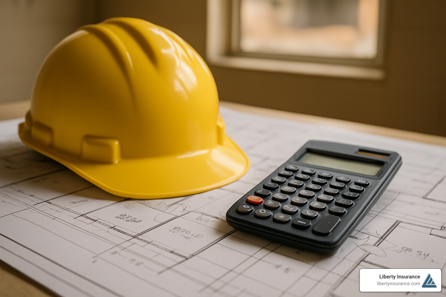 calculator and hardhat on construction plans - Contractors insurance New Jersey