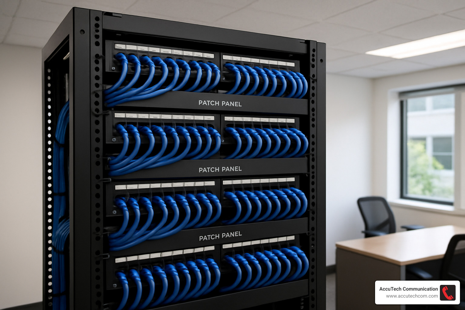 Network rack with organized patch panels and cable management - commercial network cable installation pricing