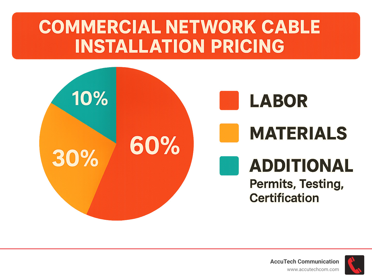 Commercial network cable installation pricing breakdown showing 60% labor costs, 30% materials costs, and 10% additional costs including permits, testing, and certification - commercial network cable installation pricing infographic 