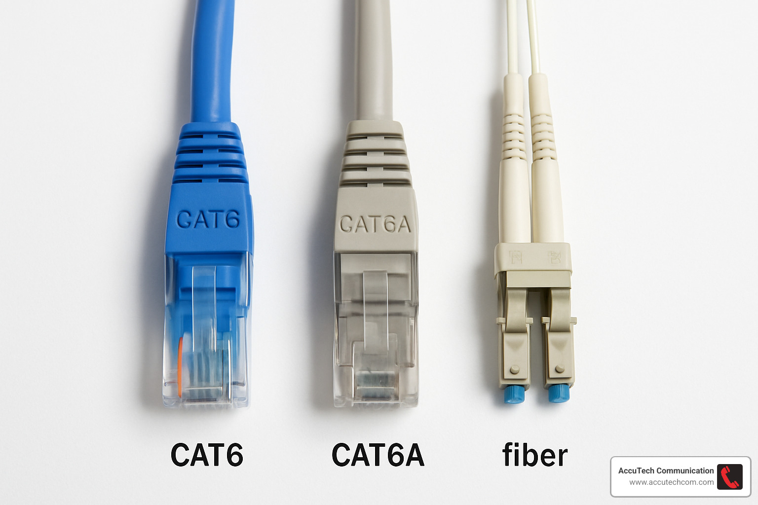 Different types of network cables including Cat6, Cat6a and fiber optic - commercial network cable installation pricing