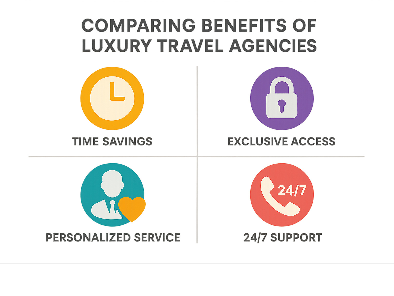 Comparing benefits of luxury travel agencies showing time savings, exclusive access, personalized service, and 24/7 support - luxury travel agencies infographic 