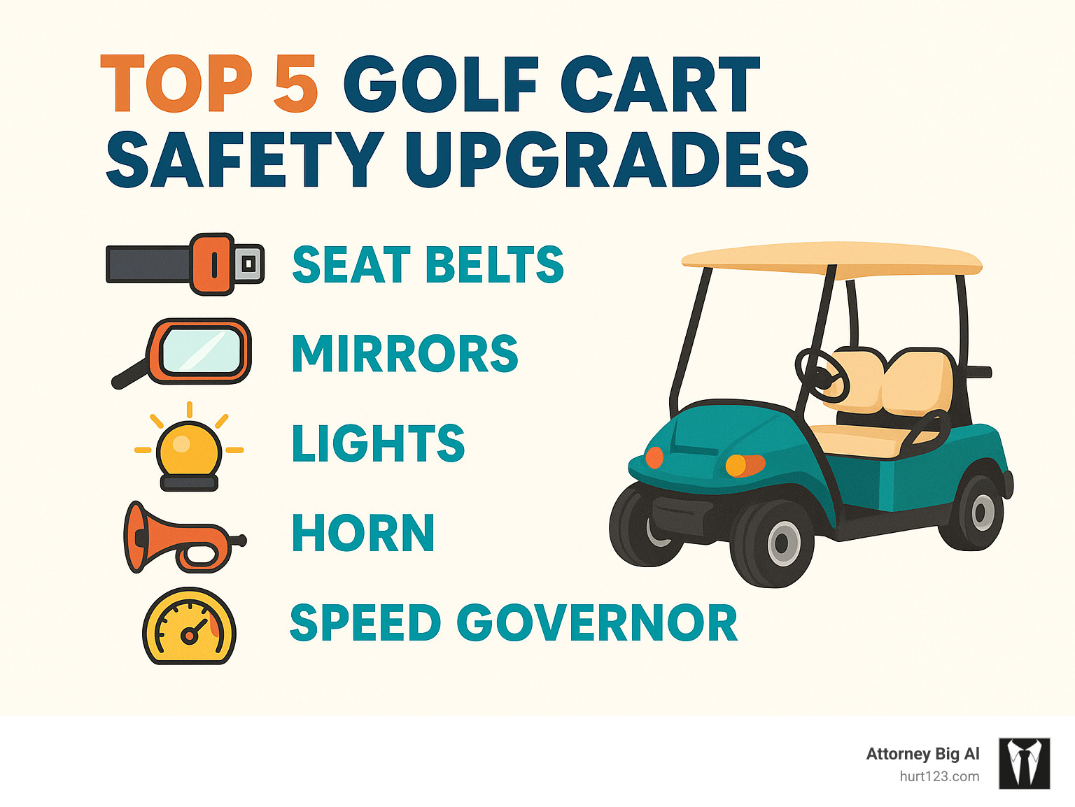 Top 5 golf cart safety upgrades including seat belts, mirrors, lights, horn, and speed governor - golf cart accident attorney infographic 