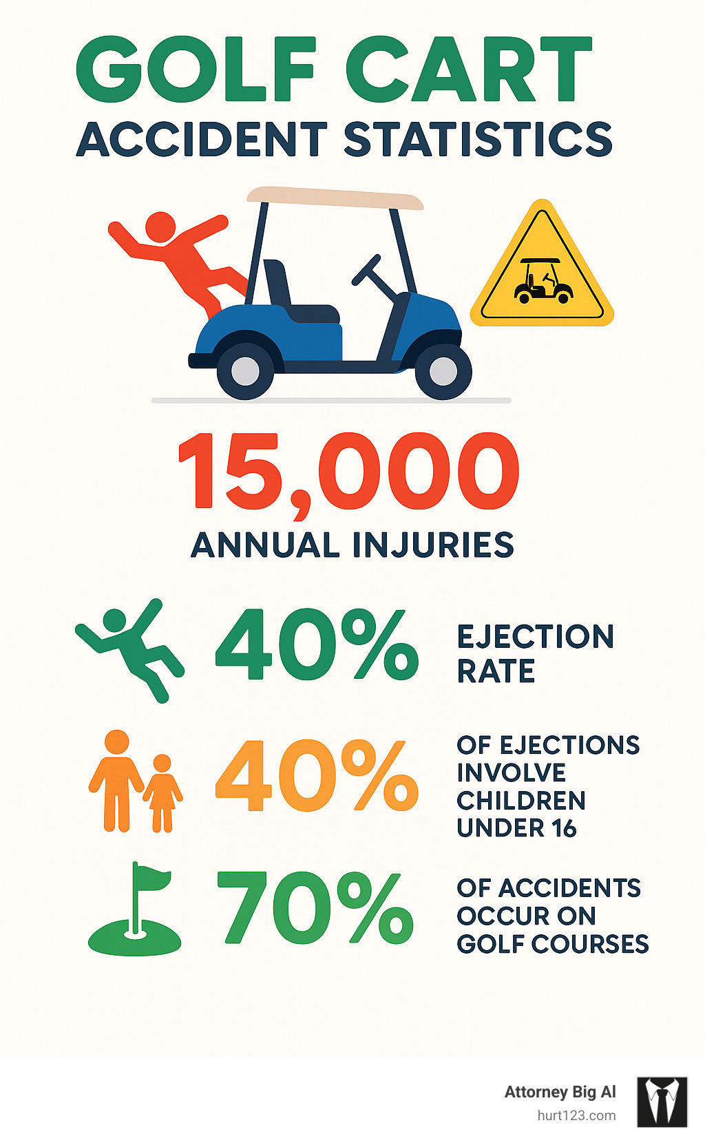 Golf cart accident statistics showing 15,000 annual injuries, 40% ejection rate, 40% of ejections involving children under 16, and 70% of accidents occurring on golf courses - golf cart accident attorney infographic 
