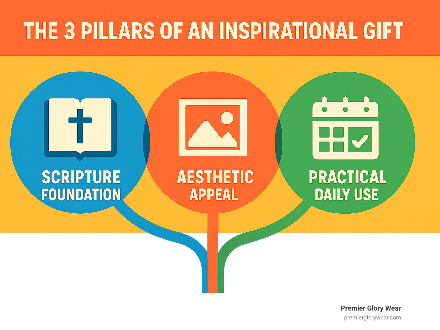Infographic showing the 3 pillars of an inspirational gift: scripture foundation, aesthetic appeal, and practical daily use - Inspirational Christian Gifts infographic 