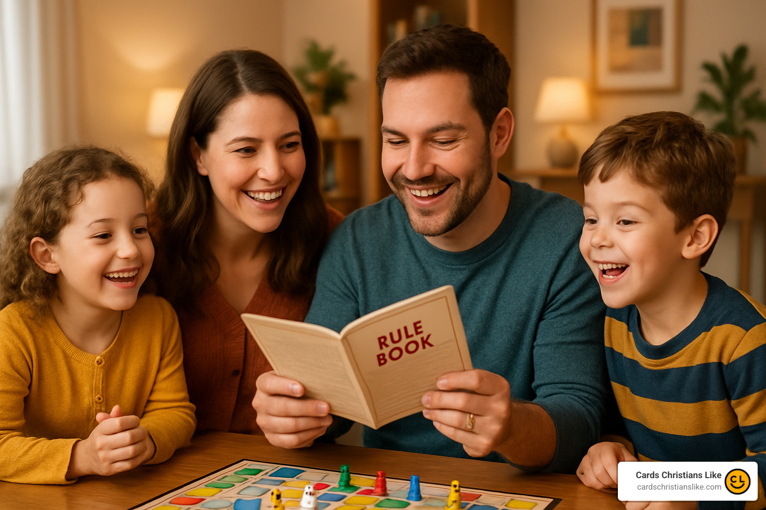 parents reading game rulebook while children wait excitedly - christian family board games