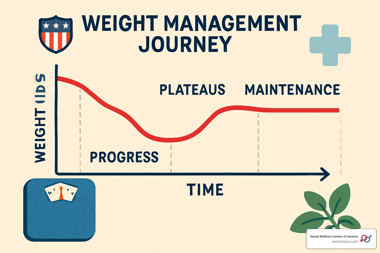 Weight management journey showing progress, plateaus, and maintenance phases - medical weight loss