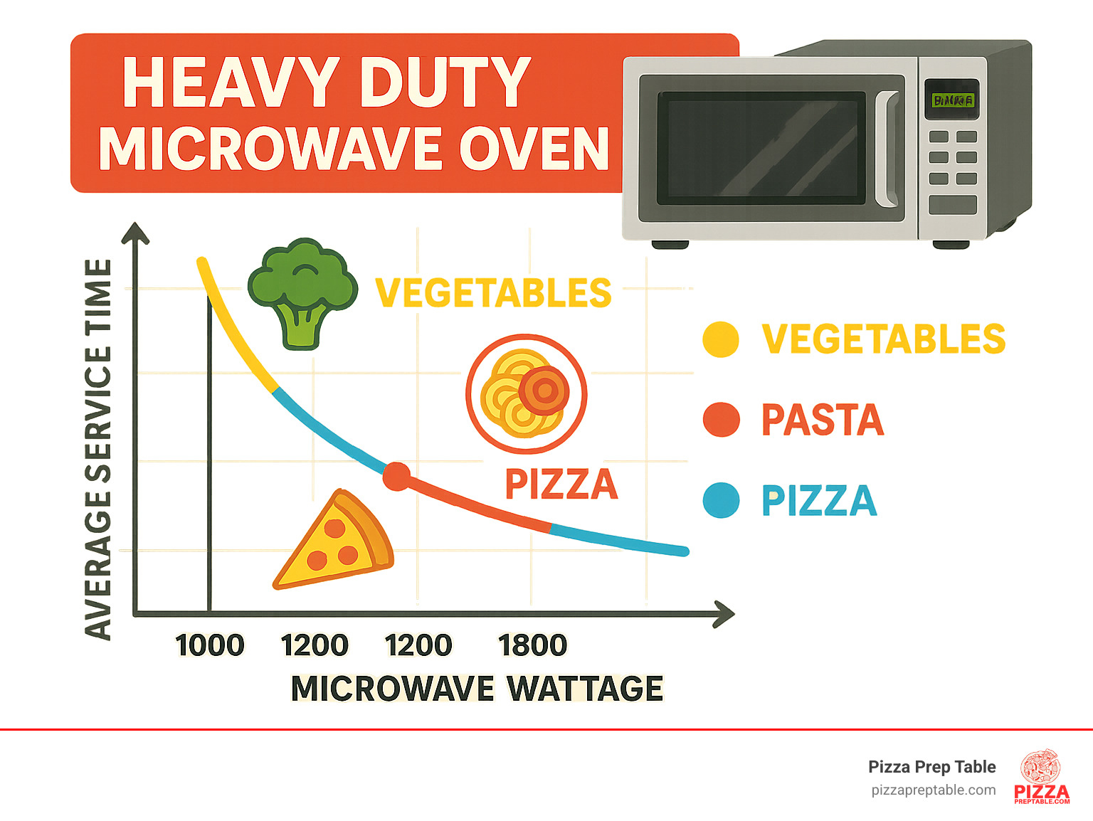 Graph showing the relationship between microwave wattage and average service time for different food items - heavy duty microwave oven infographic 