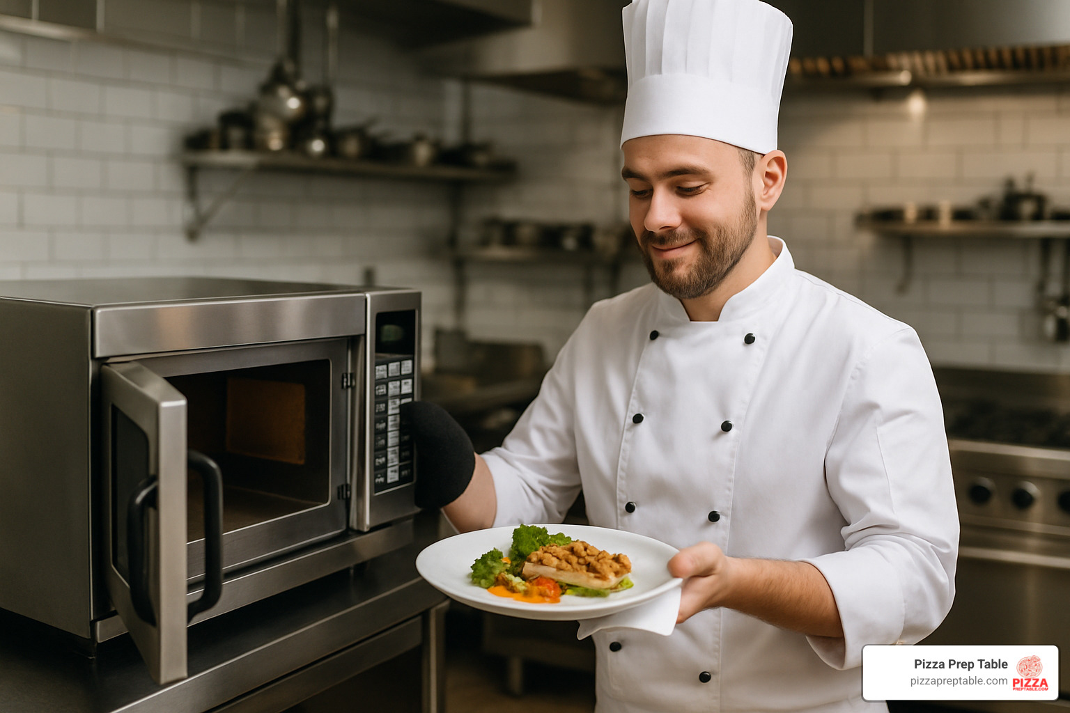Chef plating food from microwave with satisfied expression - heavy duty microwave oven