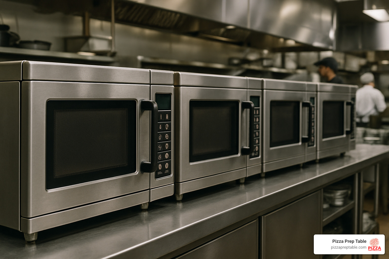 Commercial heavy duty microwave ovens lined up on a stainless steel prep counter in a restaurant kitchen - heavy duty microwave oven