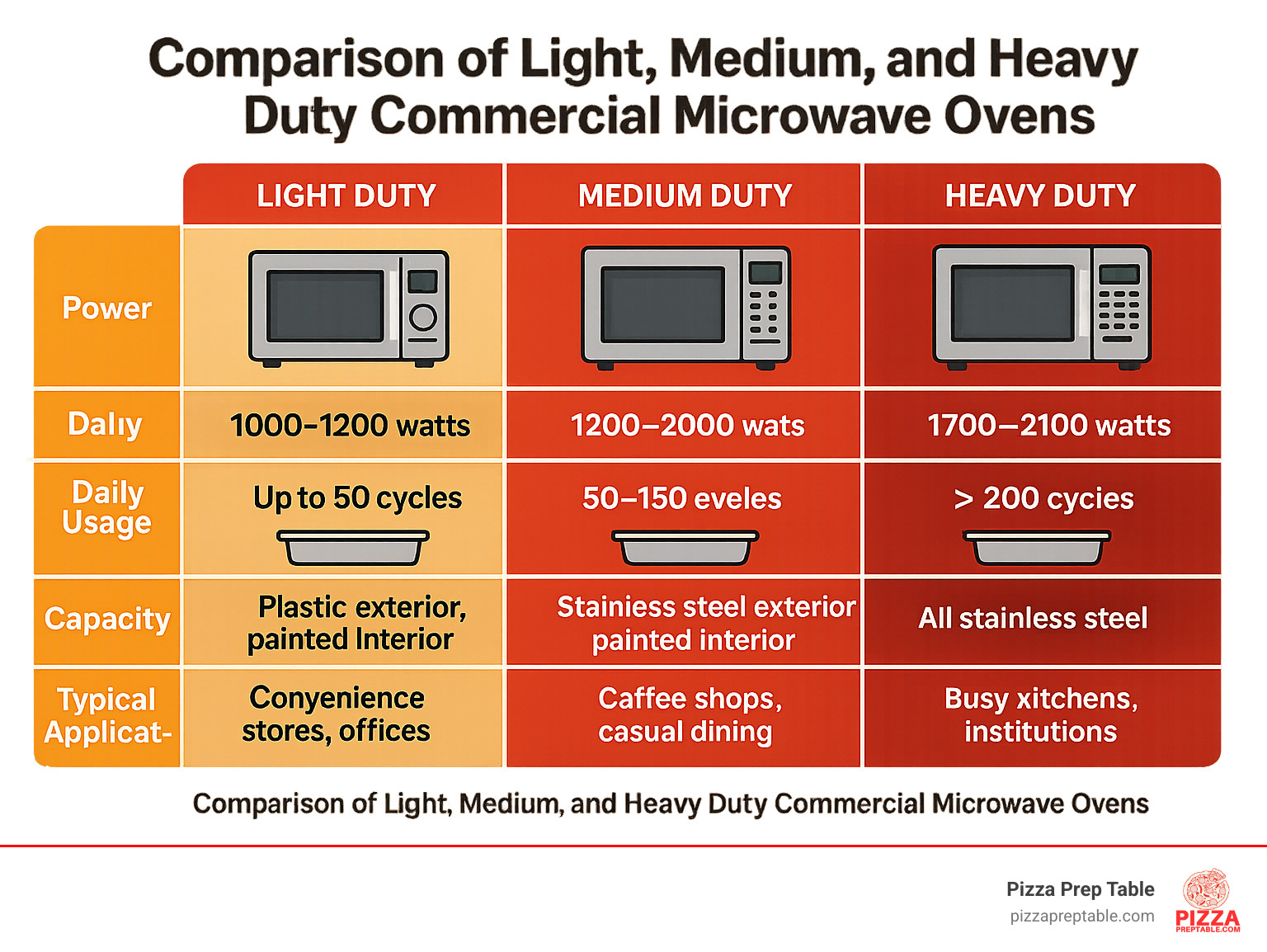 Comparison of light, medium and heavy duty commercial microwave ovens showing power ratings, daily usage cycles, capacity, construction materials, and typical applications for each category - heavy duty microwave oven infographic 