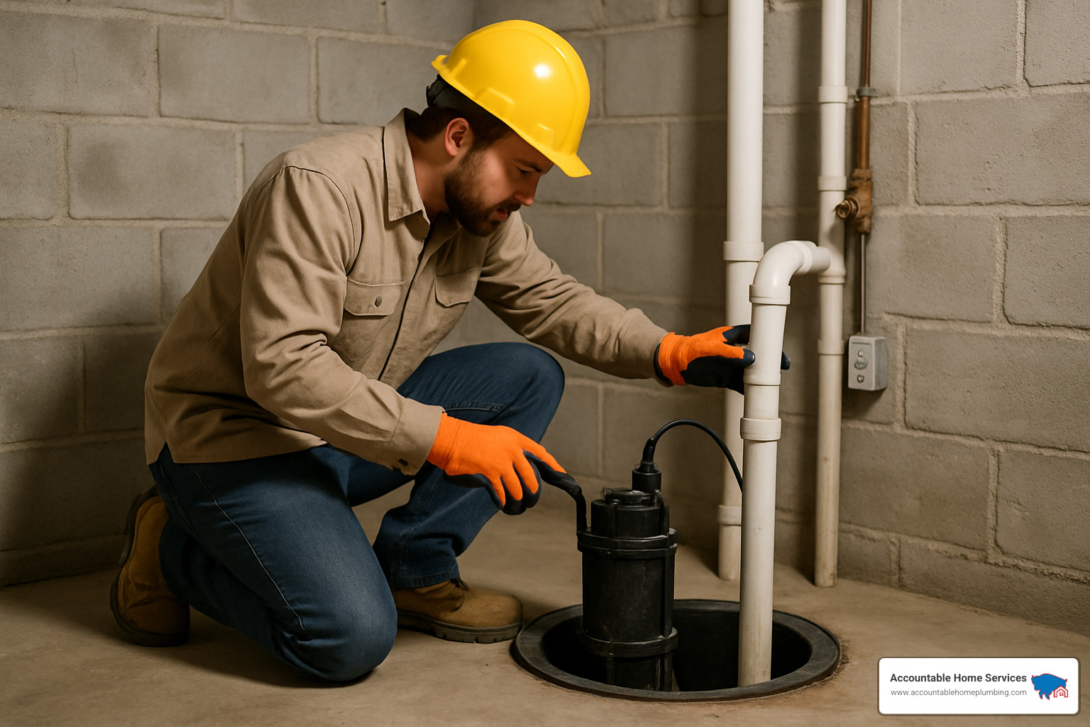 contractor inspecting sump pump pit - sump pump installation companies