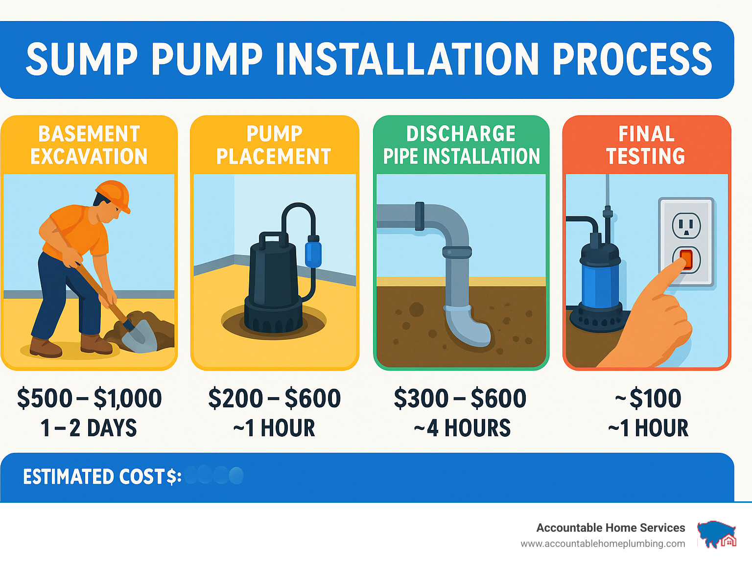 Sump pump installation process showing basement excavation, pump placement, discharge pipe installation, electrical connection, and final testing with average costs and timeframes for each step - sump pump installation companies infographic 