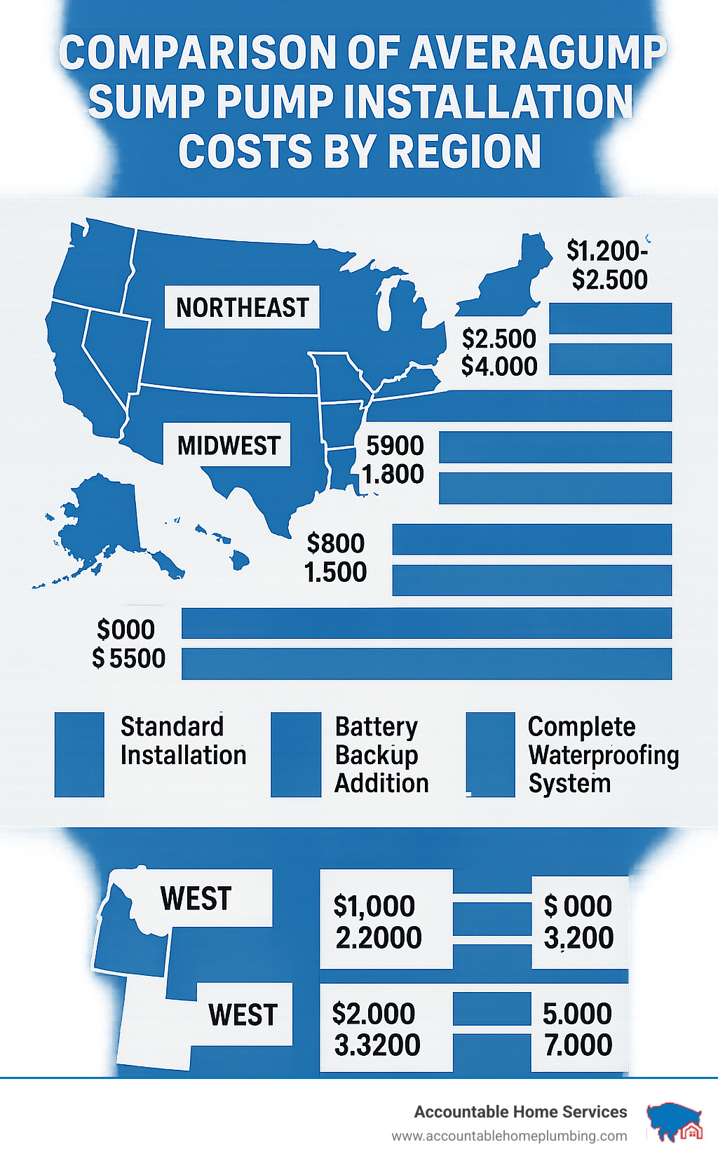 Comparison of average sump pump installation costs by region, showing typical price ranges for standard installation, battery backup addition, and complete waterproofing systems in different parts of the US - sump pump installation companies infographic 