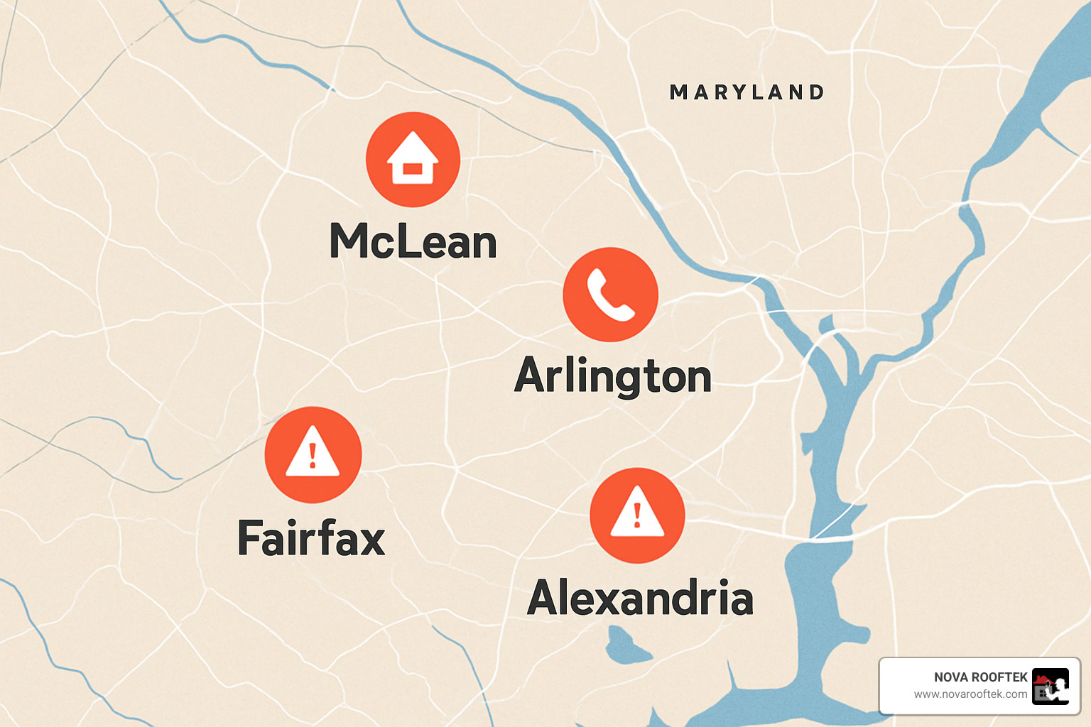 emergency response map of Northern Virginia - emergency roof leak service