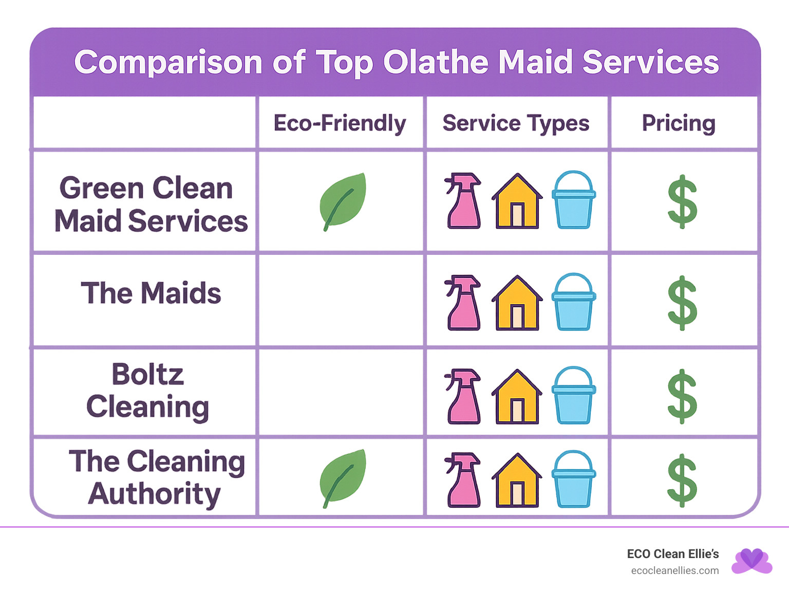 Comparison of eco-friendly options, service types, and plan structures for Olathe maid services - Olathe maid services infographic 