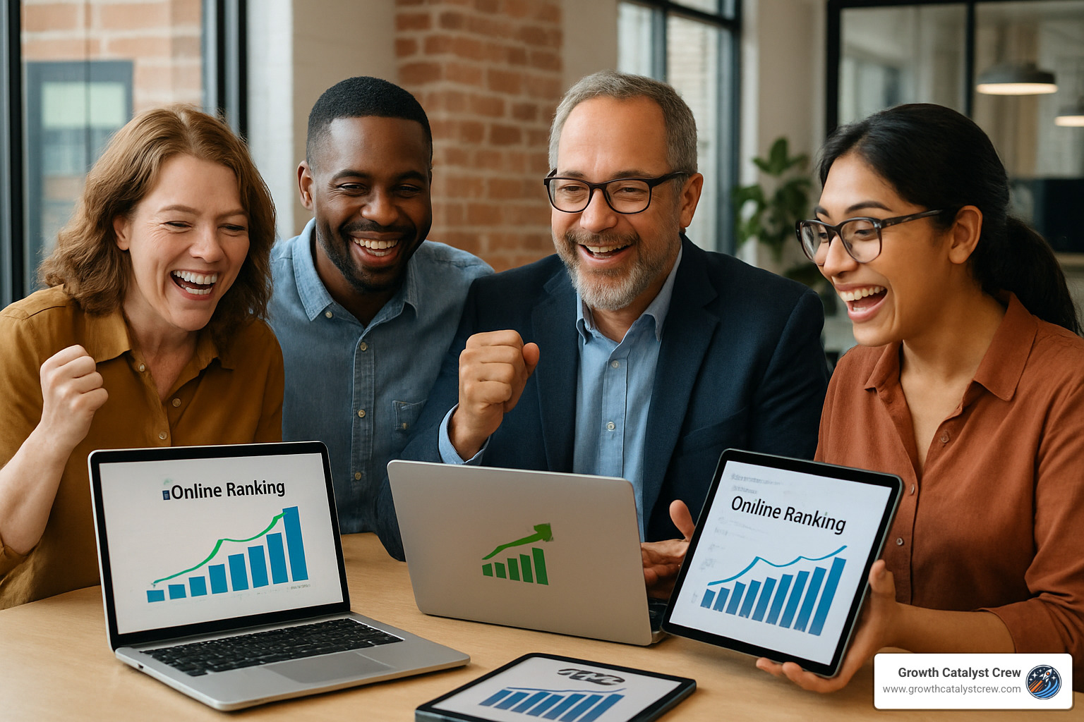 Business owners reviewing their improved small business ranking metrics - small business ranking