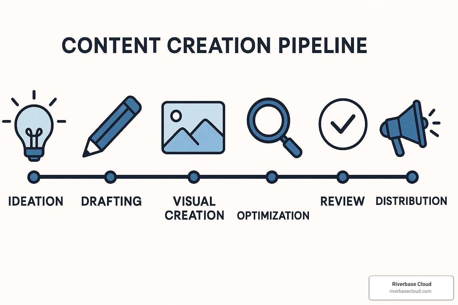 Content creation pipeline showing the 6 steps from ideation to distribution - AI marketing content creation