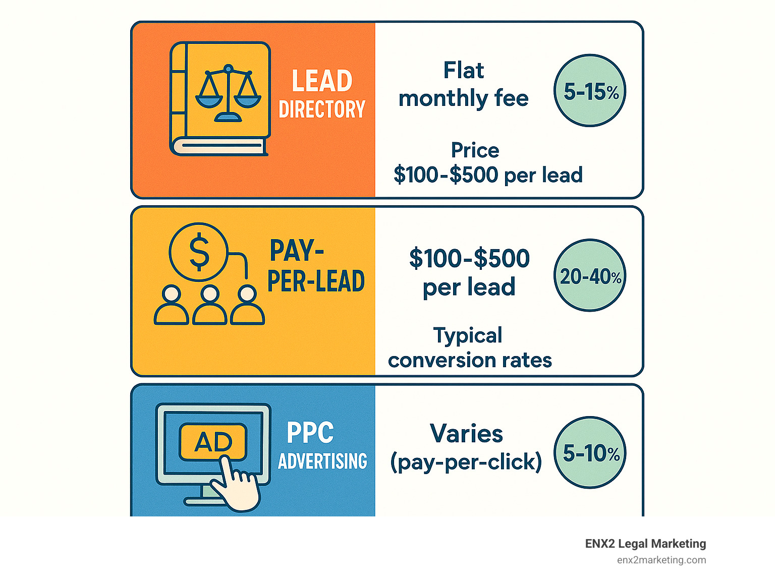 Attorney lead generation service comparison showing different models, pricing structures, and typical conversion rates - attorney lead generation services infographic