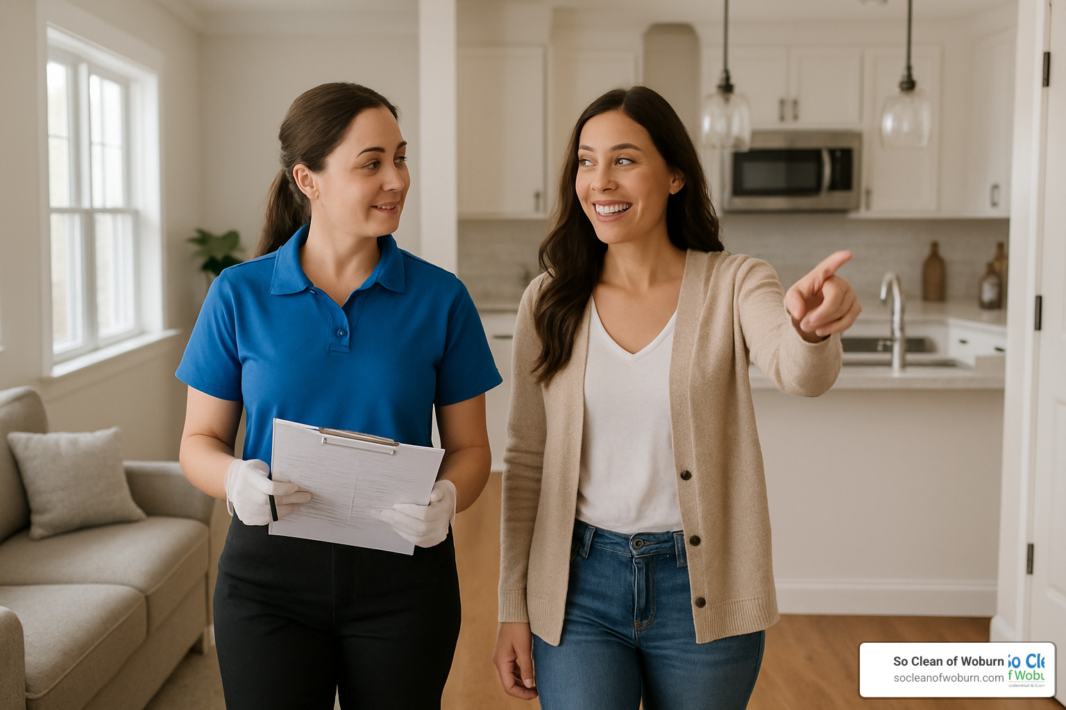 cleaner and client conducting a walkthrough of the home - clean cleaning company