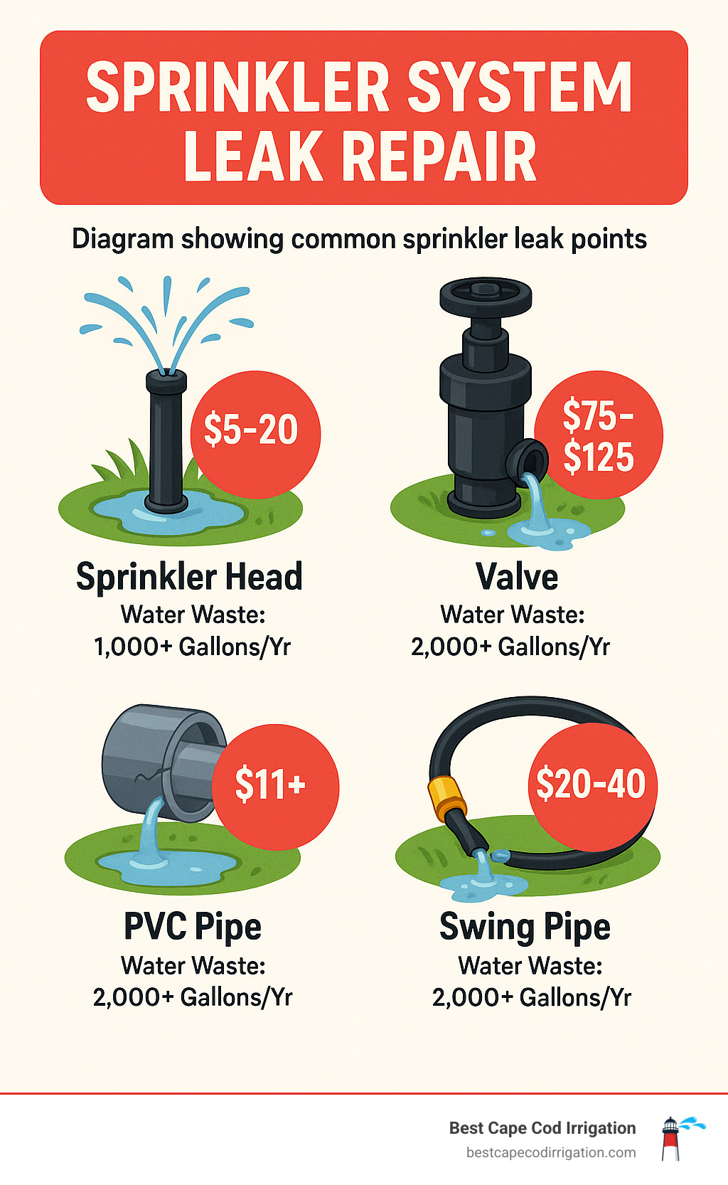 Diagram showing common sprinkler leak points including sprinkler heads, valves, PVC pipes, and swing pipes with estimated repair costs and water waste figures - sprinkler system leak repair infographic