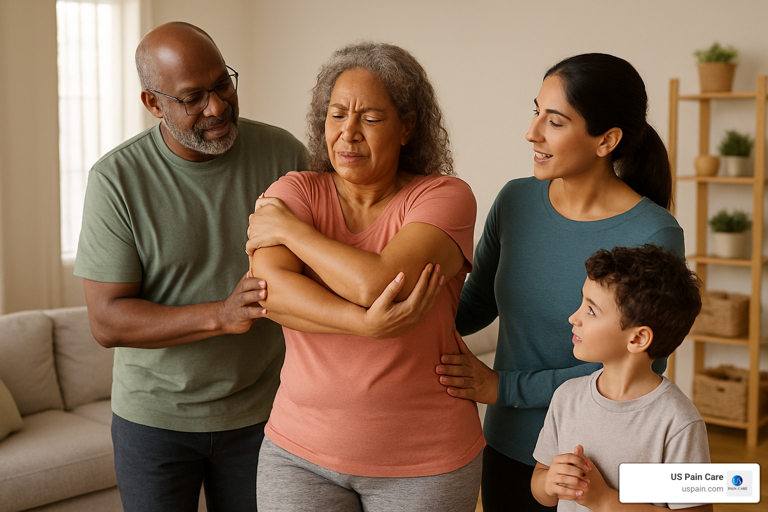 Family members supporting a chronic pain patient during gentle exercise - chronic pain management