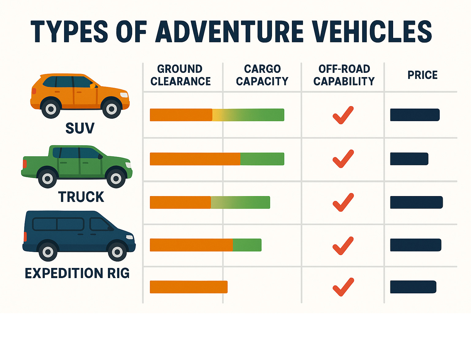 Types of trip vehicles with key features comparison showing ground clearance, cargo capacity, off-road capability, and price ranges for SUVs, trucks, vans, and expedition rigs - trip vehicles infographic 
