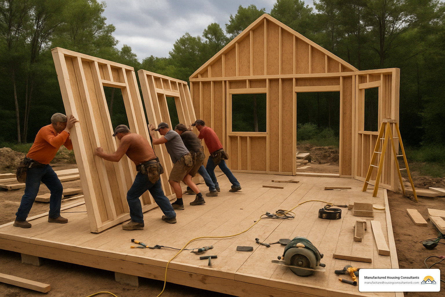 Panelized cabin being assembled showing wall sections - inexpensive prefab house