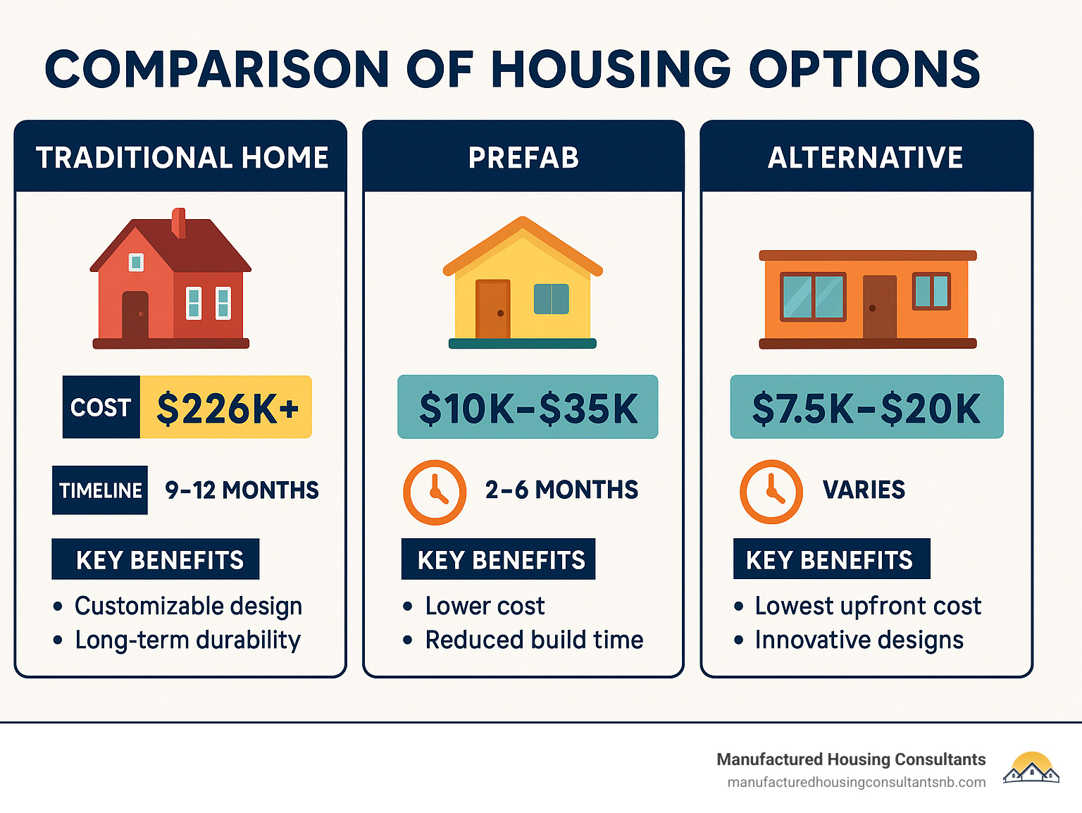 Comparison of housing options showing traditional homes vs prefab vs alternatives with cost breakdowns, construction timelines, and key benefits for each option - inexpensive prefab house infographic 