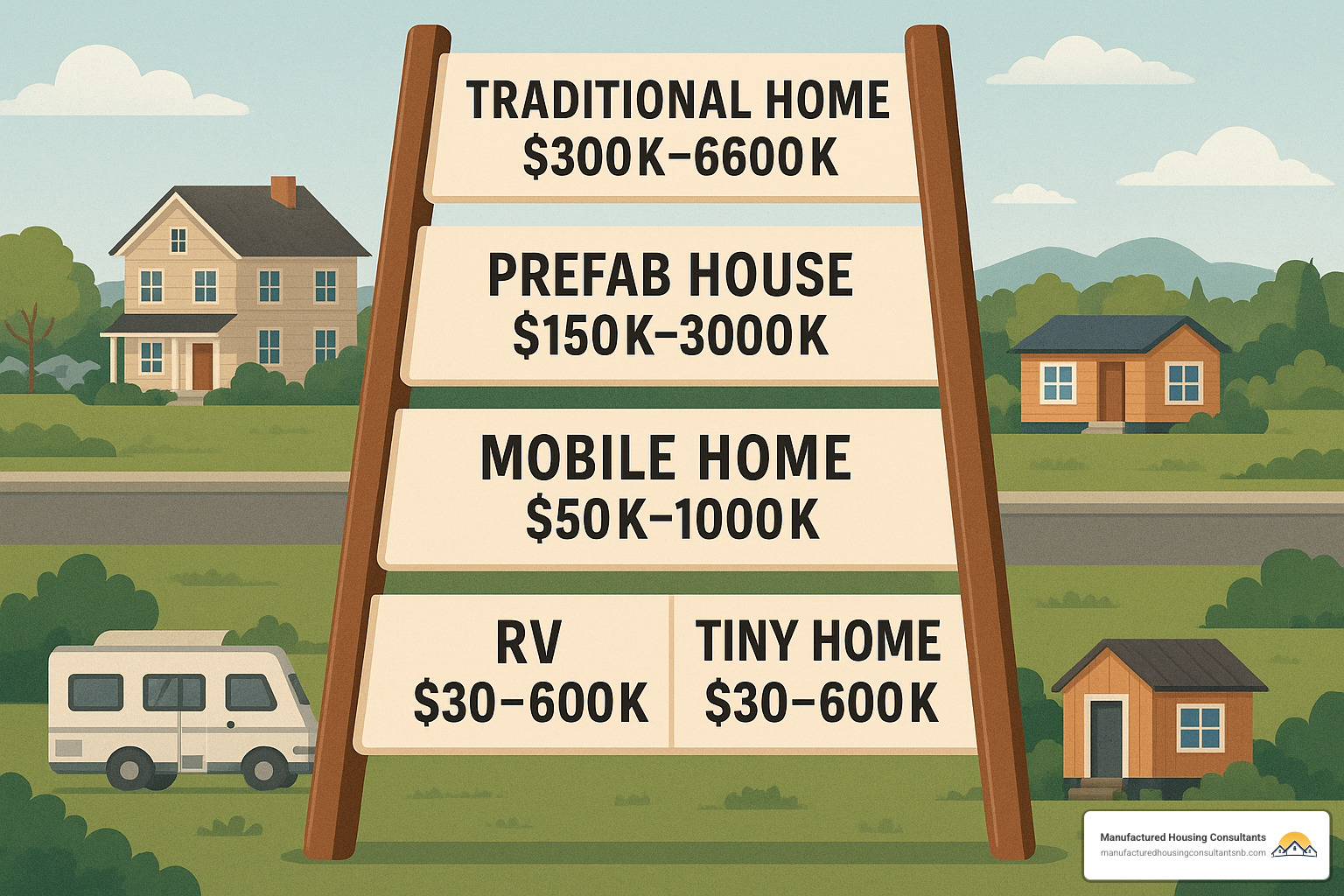 Cost comparison ladder showing different housing alternatives - inexpensive prefab house