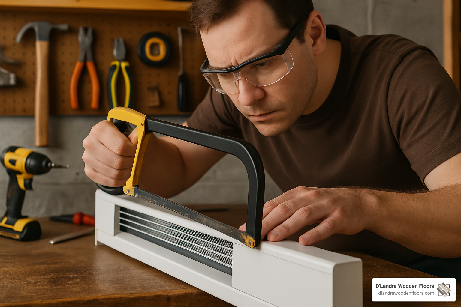 baseboard heater cover being cut with a hacksaw - install baseboard heater covers