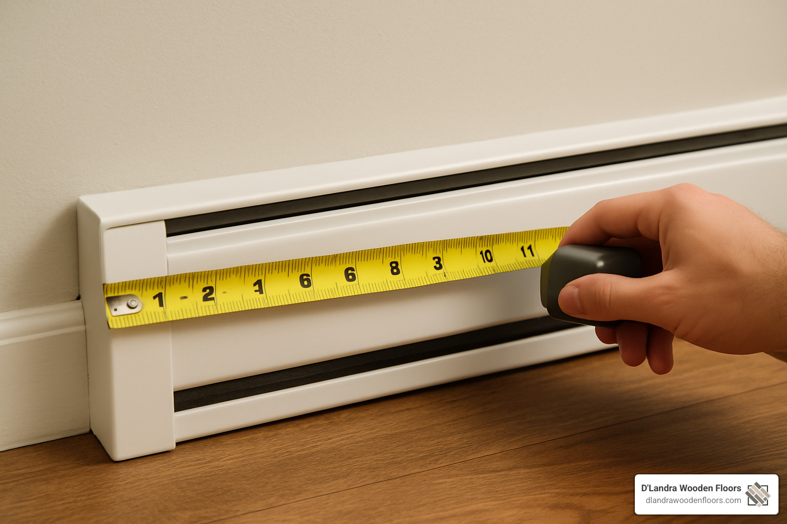 measuring tape against baseboard heater - install baseboard heater covers