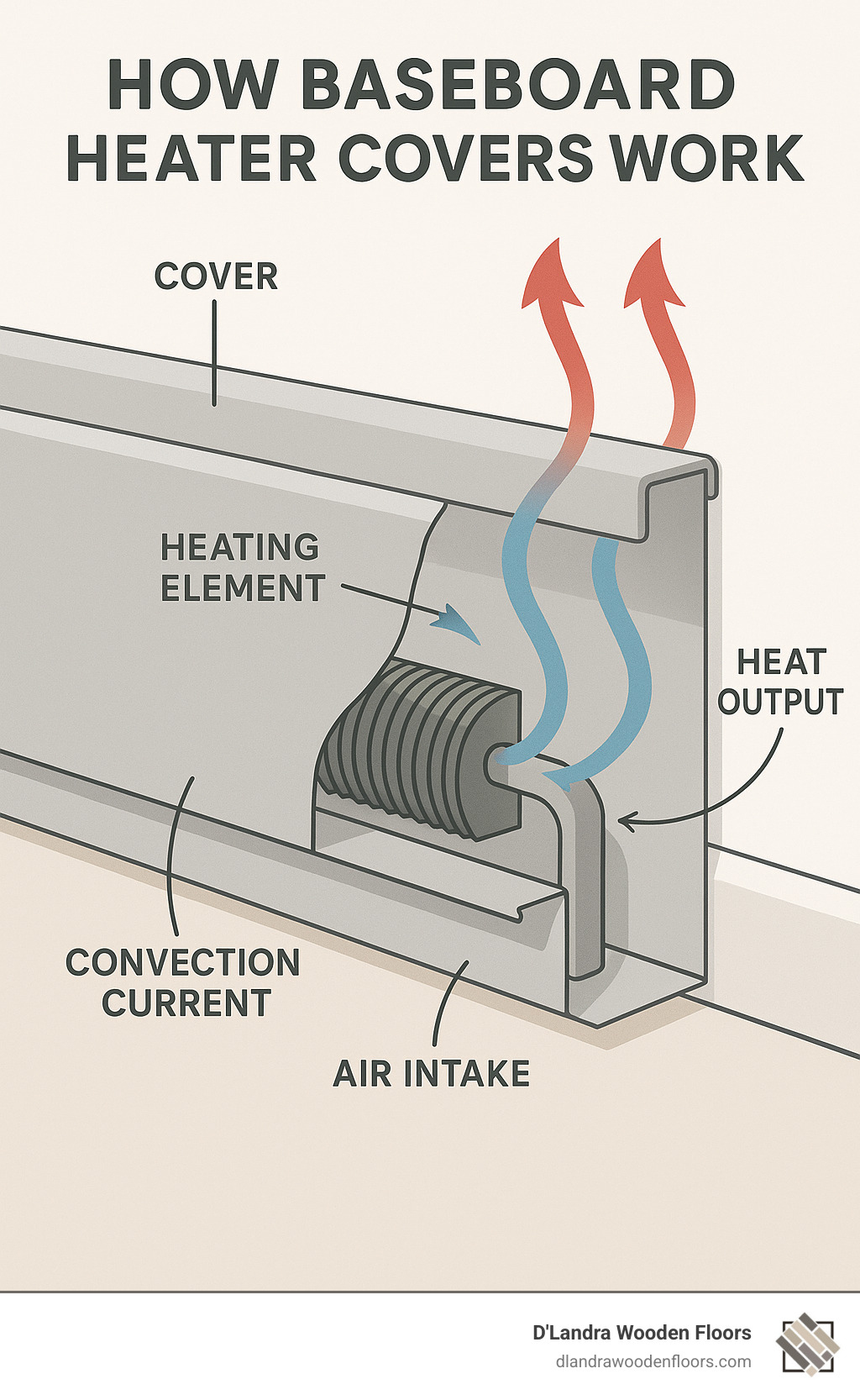 Diagram showing how baseboard heater covers work with labeled parts including the heating element, air intake, convection current, heat output, and cover components - install baseboard heater covers infographic 