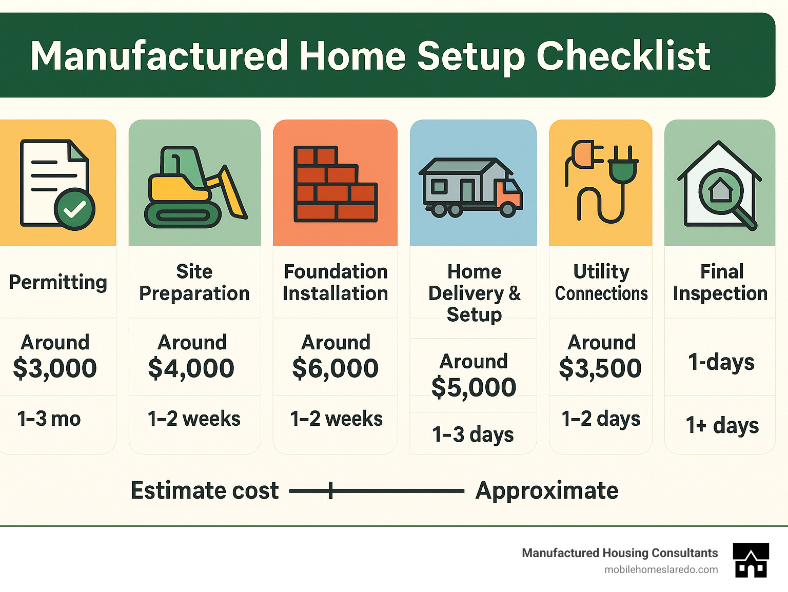 Manufactured Home Setup Checklist showing all required steps from permitting through final inspection, with estimated costs and timeline for each phase - manufactured home set up infographic  Manufactured Home Setup Checklist showing all required steps from permitting through final inspection, with estimated costs and timeline for each phase - manufactured home set up infographic
